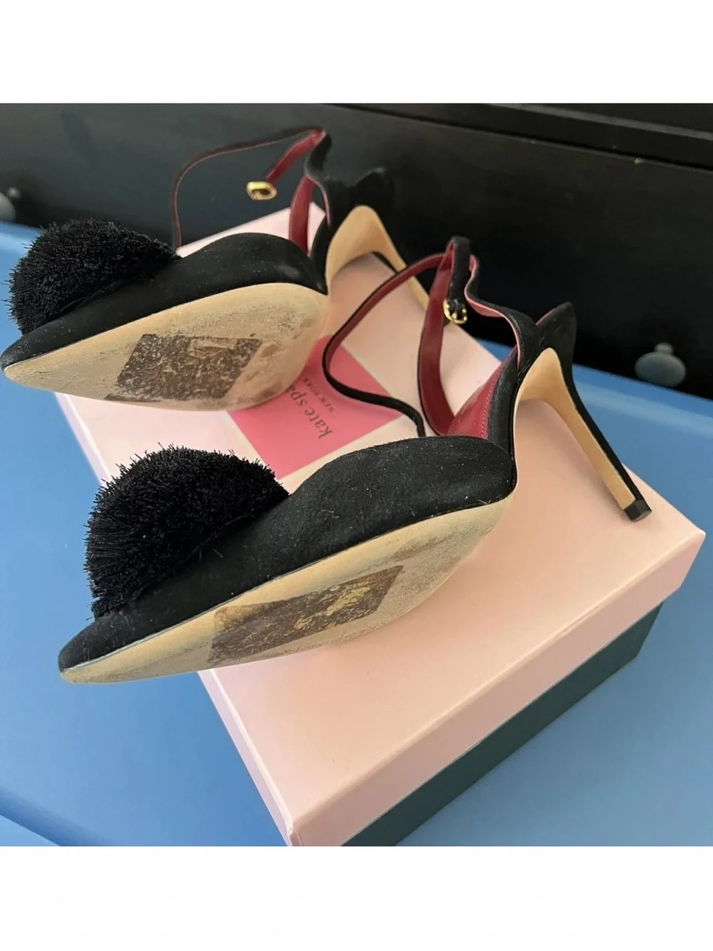 Kate Spade Womens 7B Leather Amour Pom Black High Heels w Box